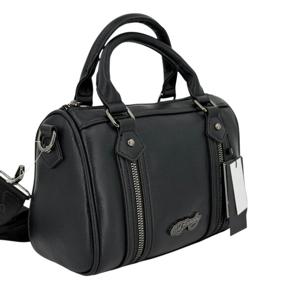 Ed Hardy Women's Black Vegan Leather Satchel 9x7X4 Detachable Shoulder Strap NWT - Picture 2 of 11